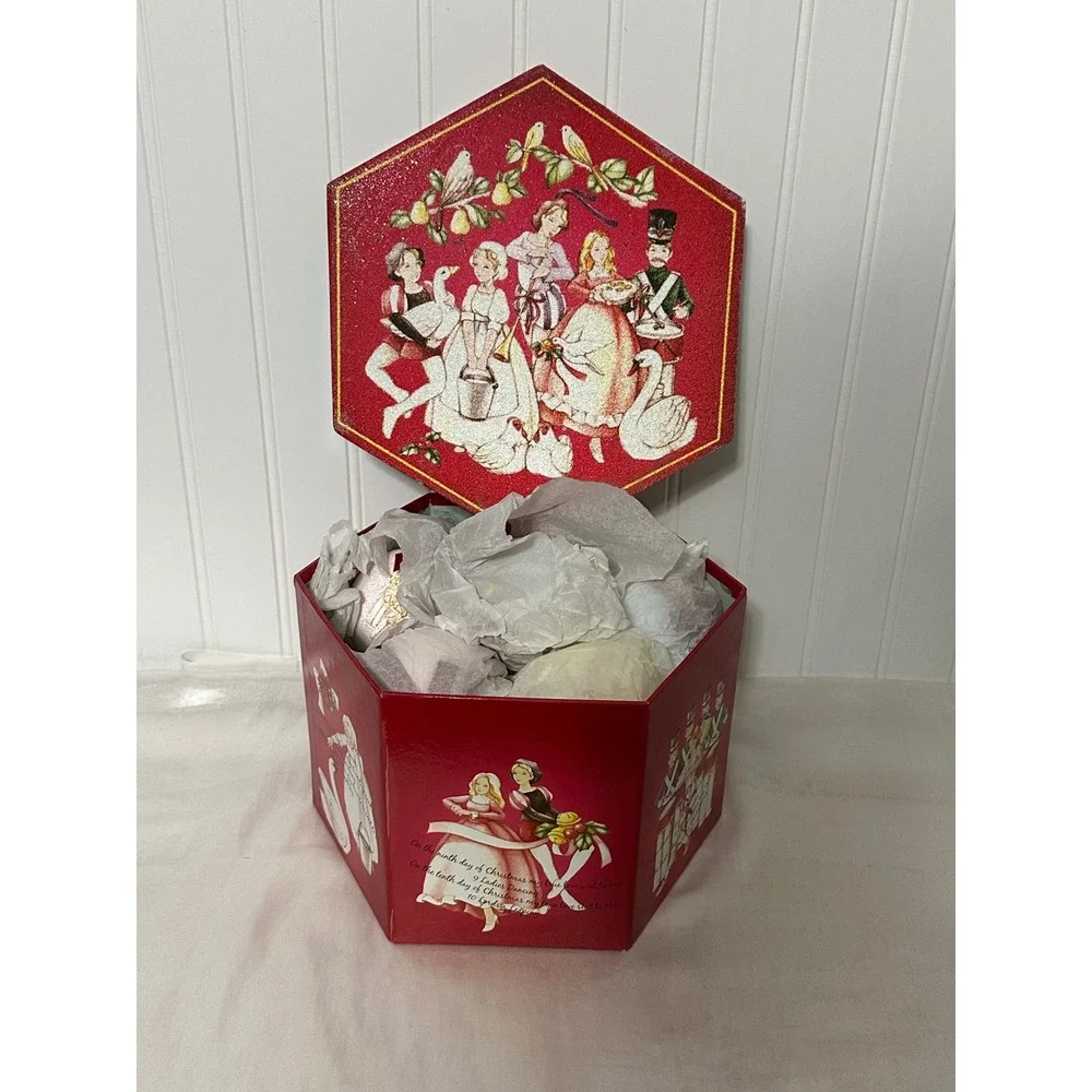 12 Days of Christmas Sugar Ball Ornament Set Excellent Glittered‎ Red Boxed 12pc